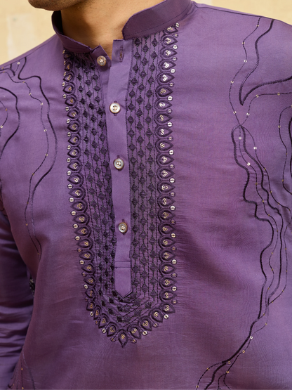 Elegant Luxury Purple Viscose Silk Embroidered Work Kurta Pant Set