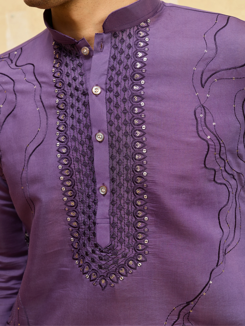 Elegant Luxury Purple Viscose Silk Embroidered Work Kurta Pant Set