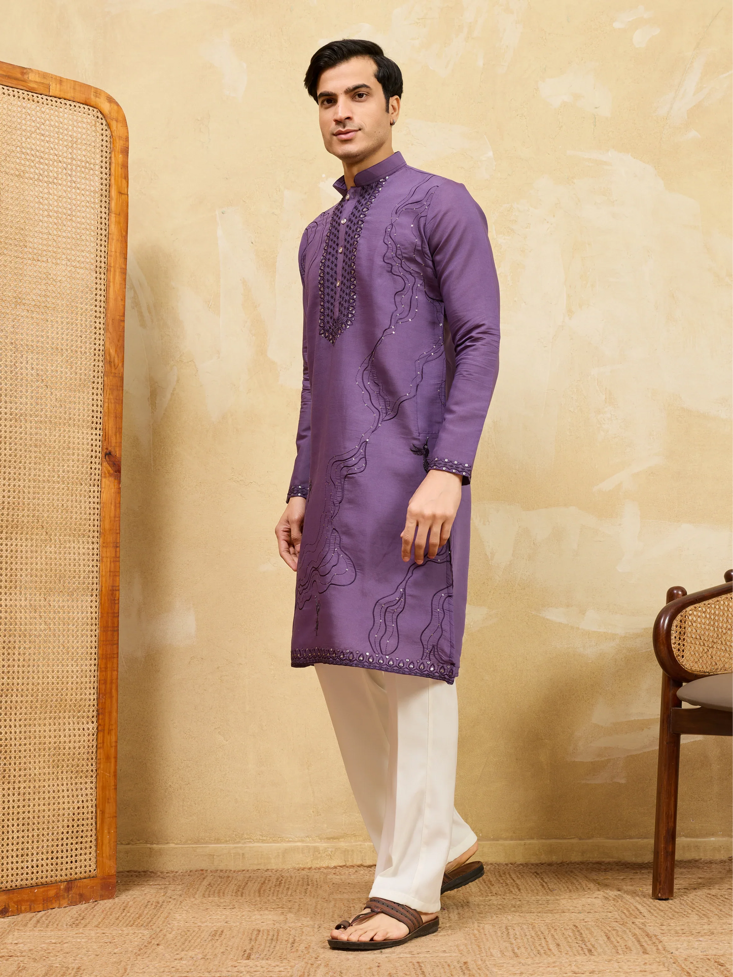 Elegant Luxury Purple Viscose Silk Embroidered Work Kurta Pant Set