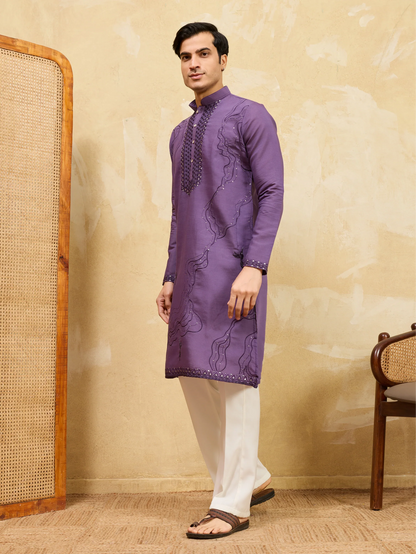 Elegant Luxury Purple Viscose Silk Embroidered Work Kurta Pant Set