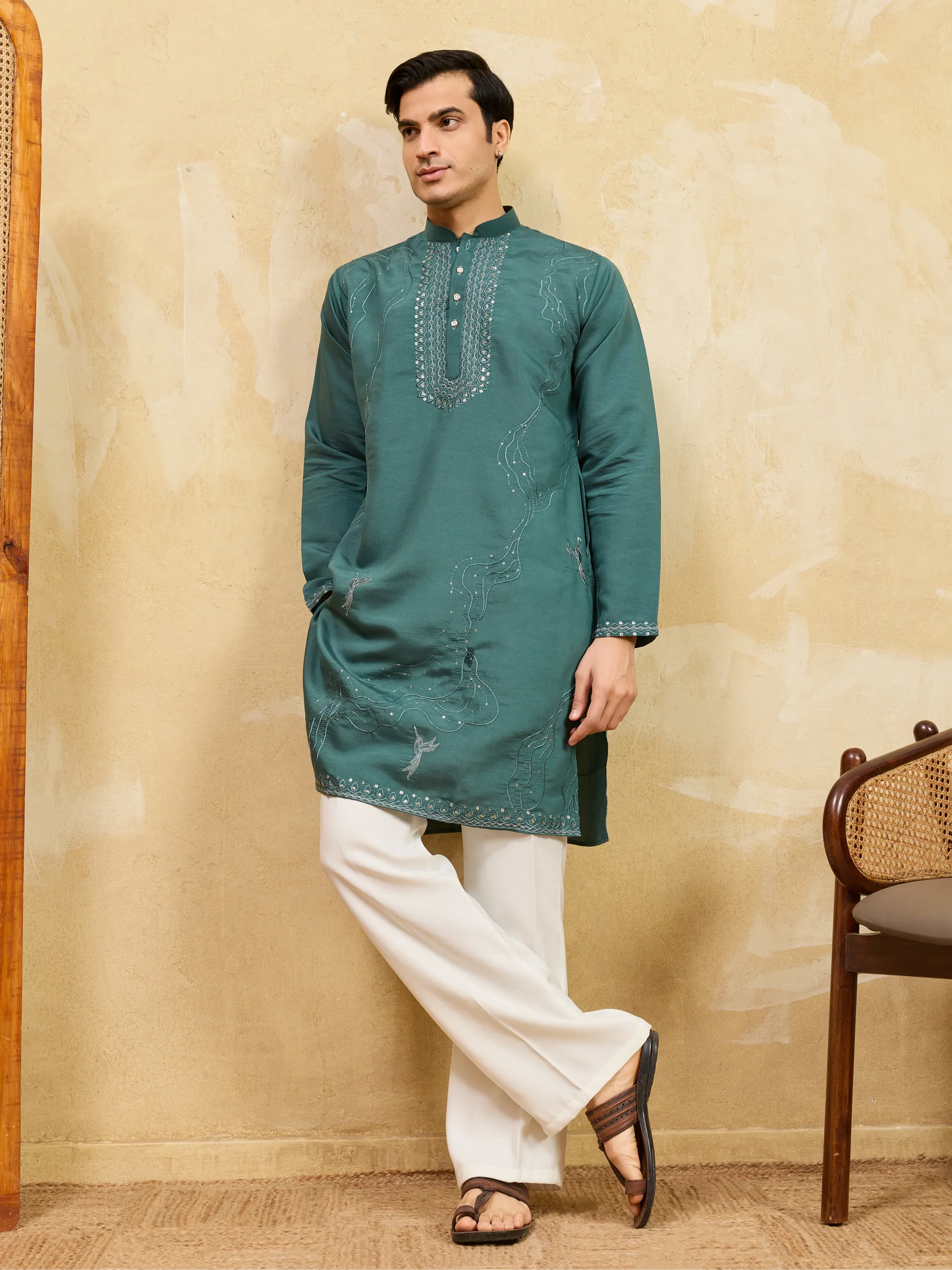 Elegant Premium Rama Green Viscose Silk Embroidered Kurta Pant Set