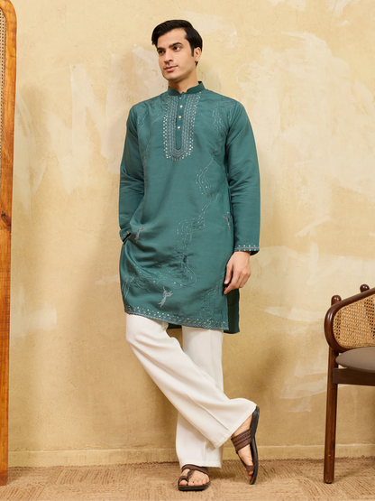 Elegant Premium Rama Green Viscose Silk Embroidered Kurta Pant Set