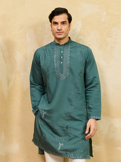 Elegant Premium Rama Green Viscose Silk Embroidered Kurta Pant Set