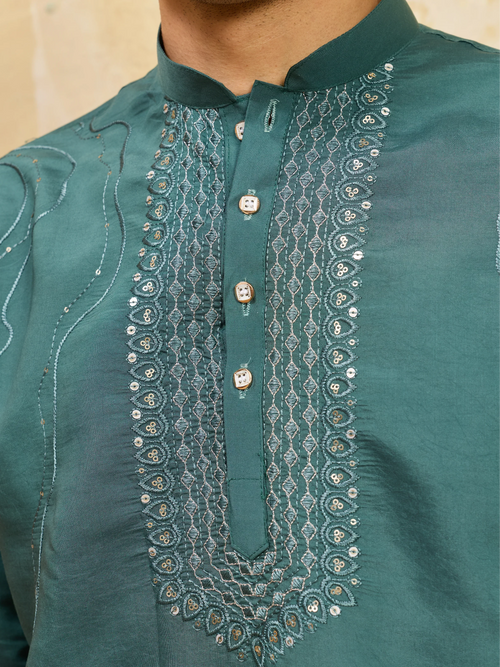 Elegant Premium Rama Green Viscose Silk Embroidered Kurta Pant Set