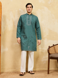 Elegant Premium Rama Green Viscose Silk Embroidered Kurta Pant Set
