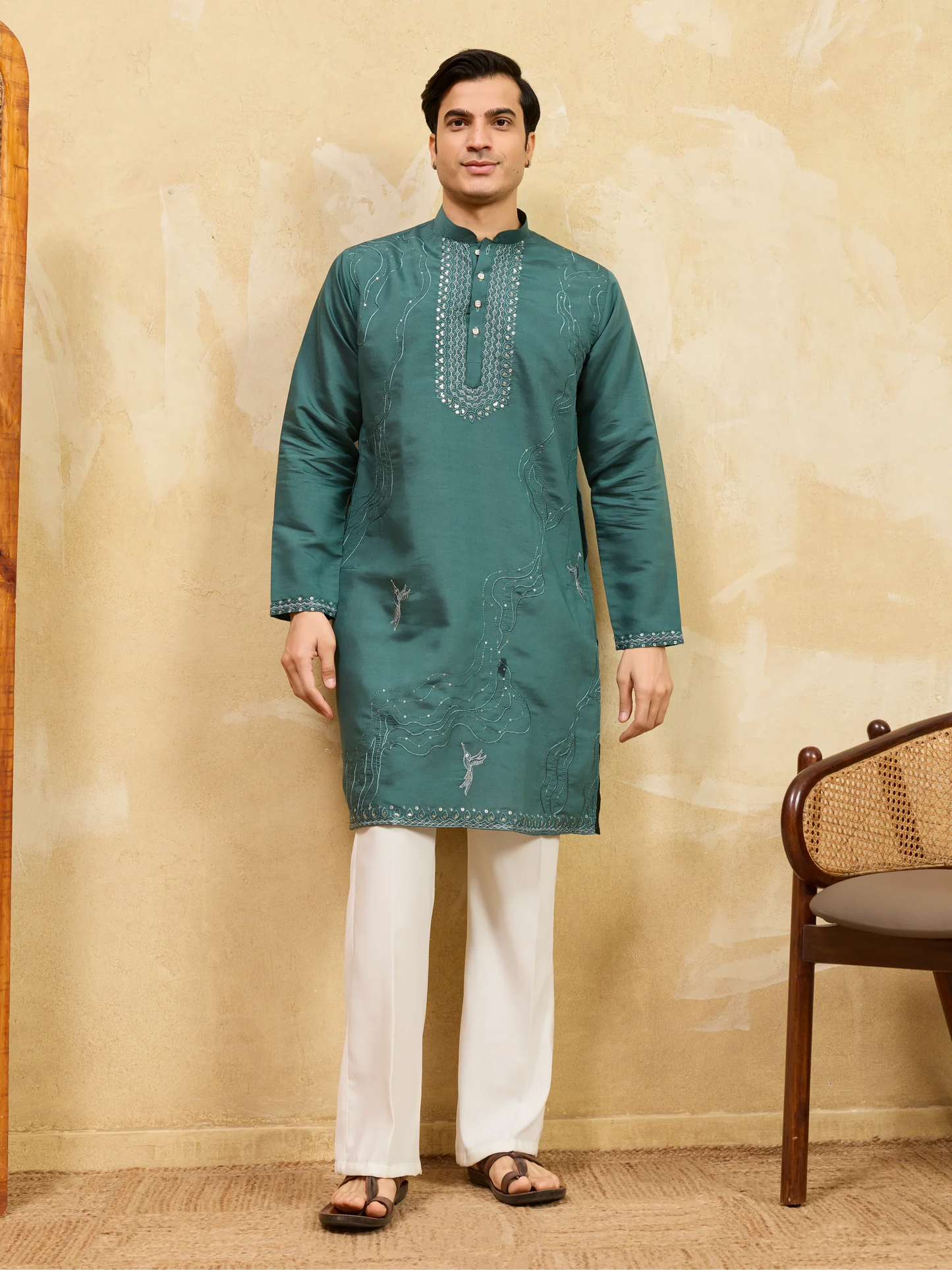 Elegant Premium Rama Green Viscose Silk Embroidered Kurta Pant Set
