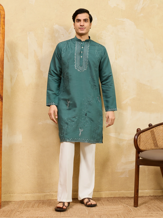 Elegant Premium Rama Green Viscose Silk Embroidered Kurta Pant Set