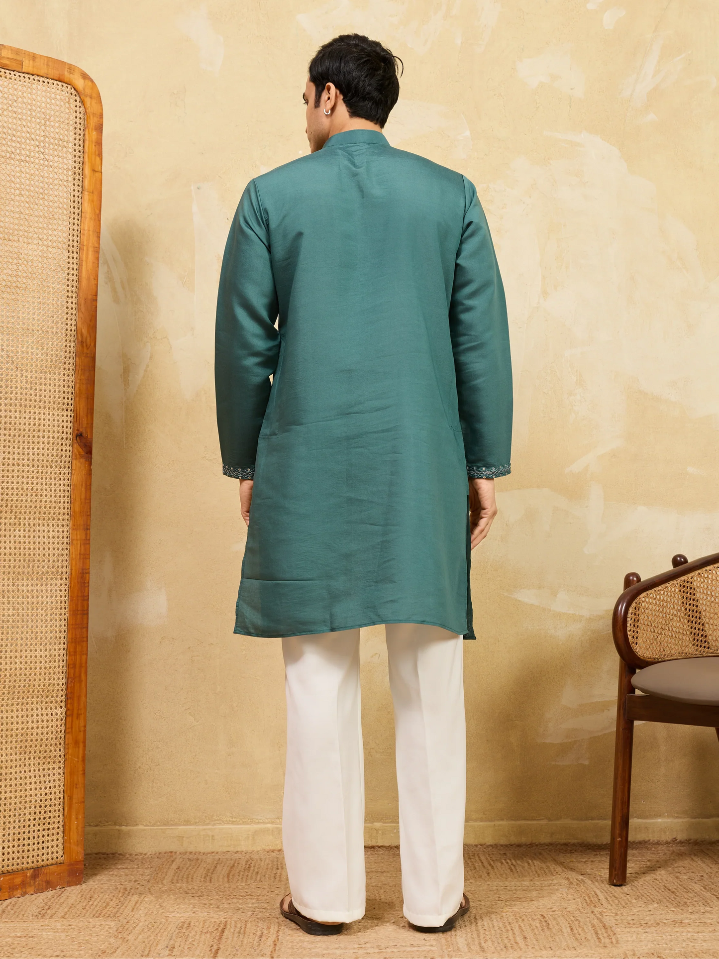 Elegant Premium Rama Green Viscose Silk Embroidered Kurta Pant Set