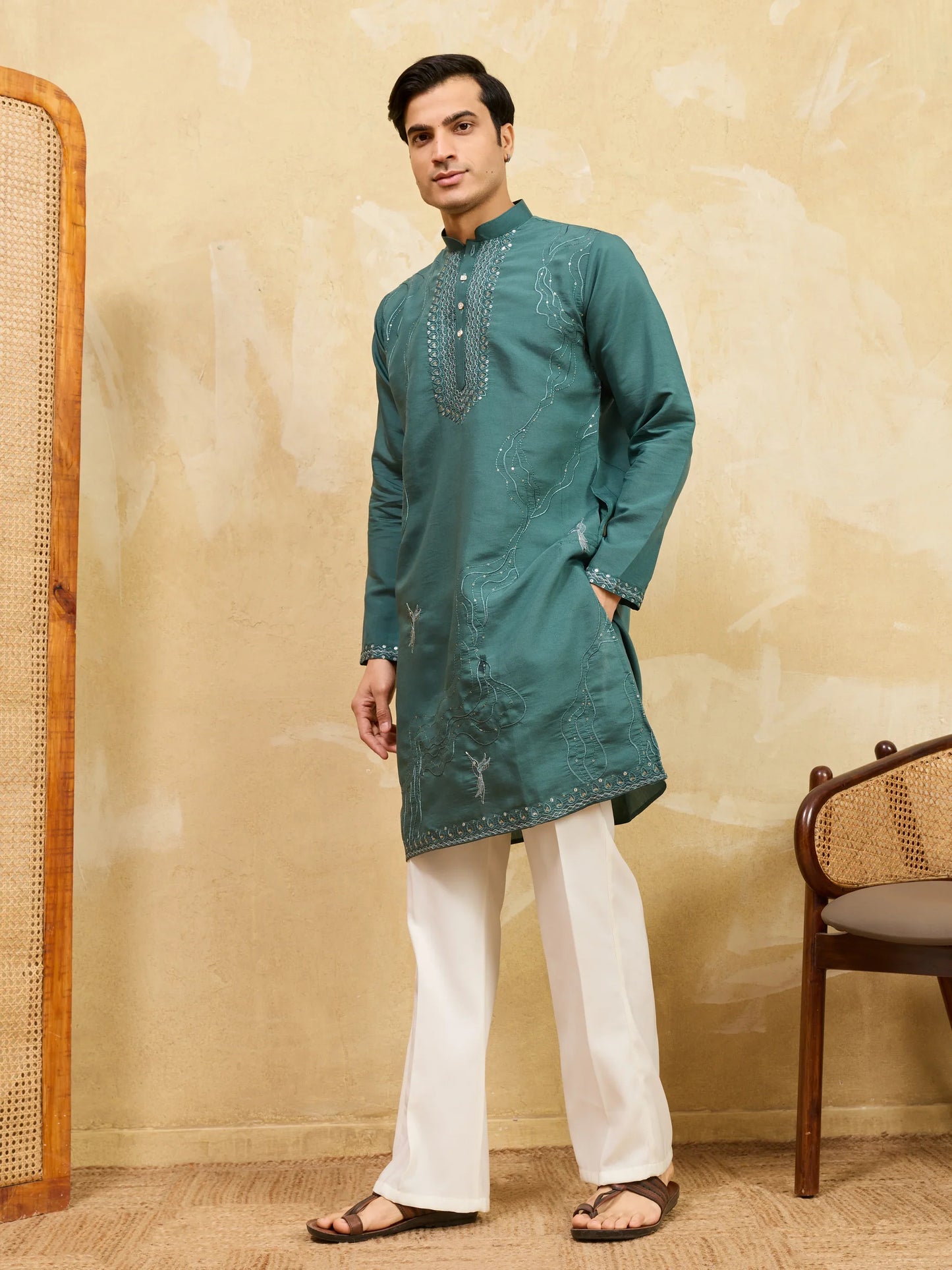 Elegant Premium Rama Green Viscose Silk Embroidered Kurta Pant Set