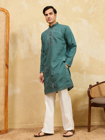 Elegant Premium Rama Green Viscose Silk Embroidered Kurta Pant Set