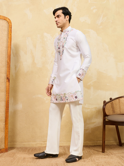 Elegant Classic White Thread Work Kurta And Pant Set For Festive Wear