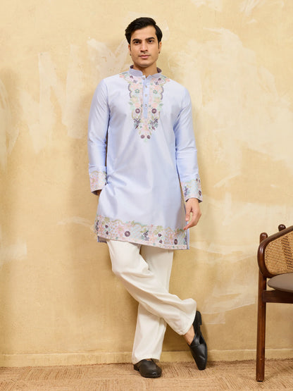Elegant Elegant Sky Blue Kurta Pant Set With Fine Thread Detailing