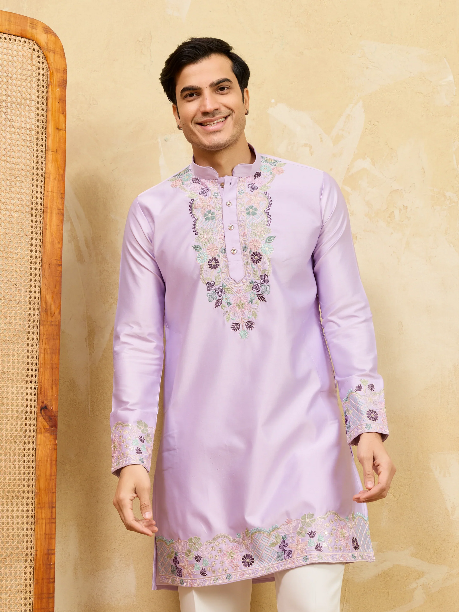 Elegant Premium Lavender Viscose Silk Thread Work Kurta & Pant Set