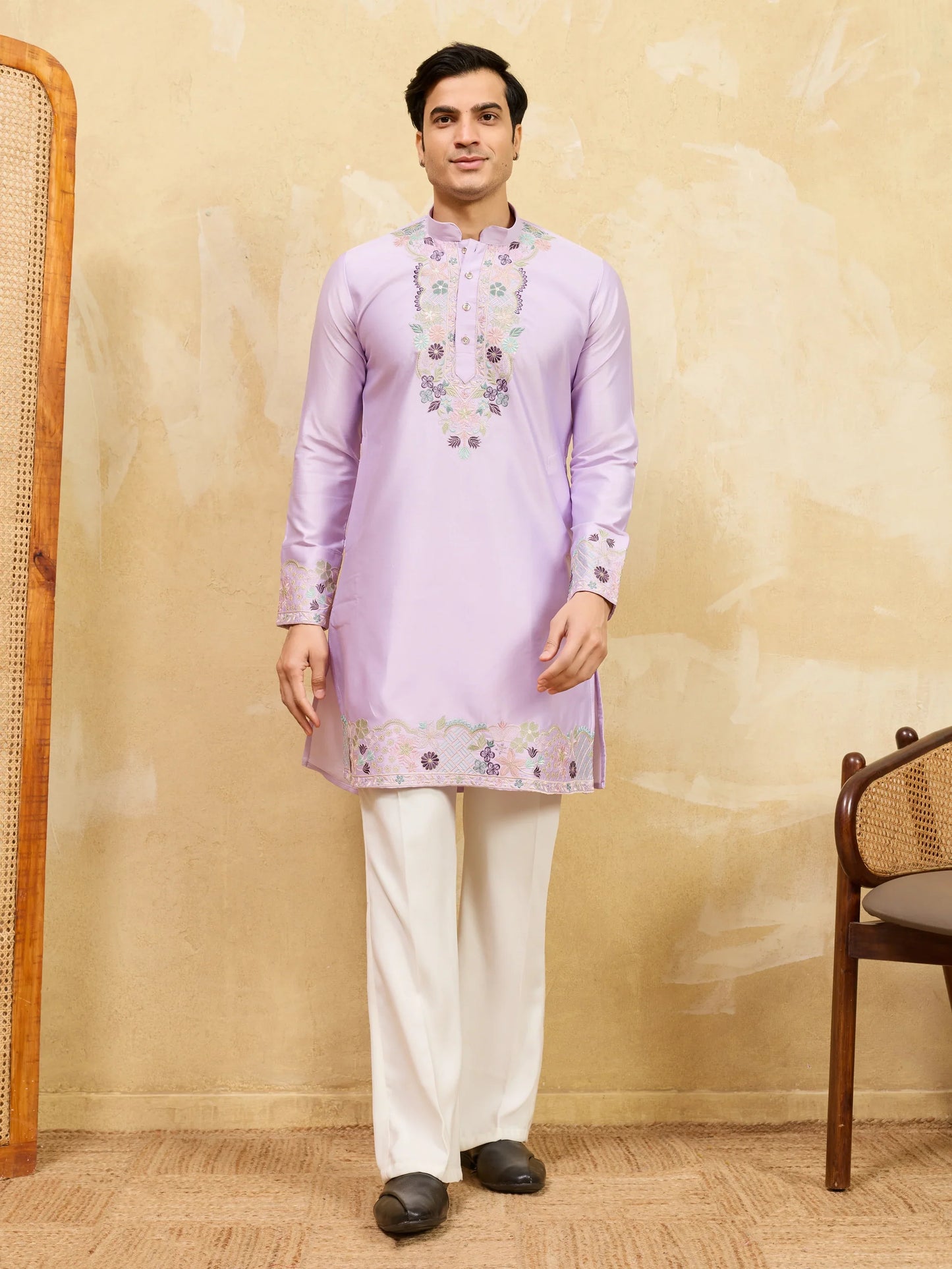 Elegant Premium Lavender Viscose Silk Thread Work Kurta & Pant Set