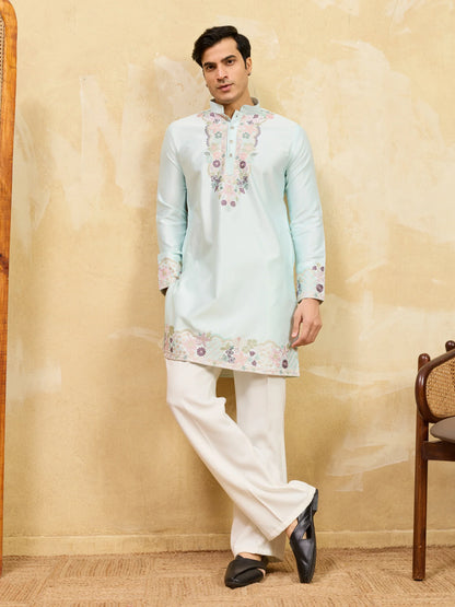 Elegant Elegant Sky Viscose Silk Thread Work Kurta Set For Special Occasion