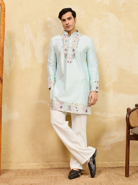 Elegant Elegant Sky Viscose Silk Thread Work Kurta Set For Special Occasion
