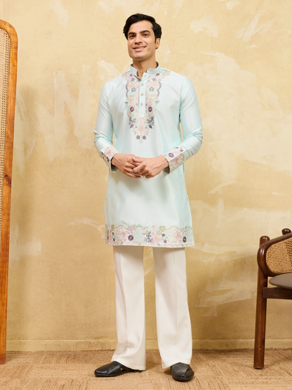 Elegant Elegant Sky Viscose Silk Thread Work Kurta Set For Special Occasion