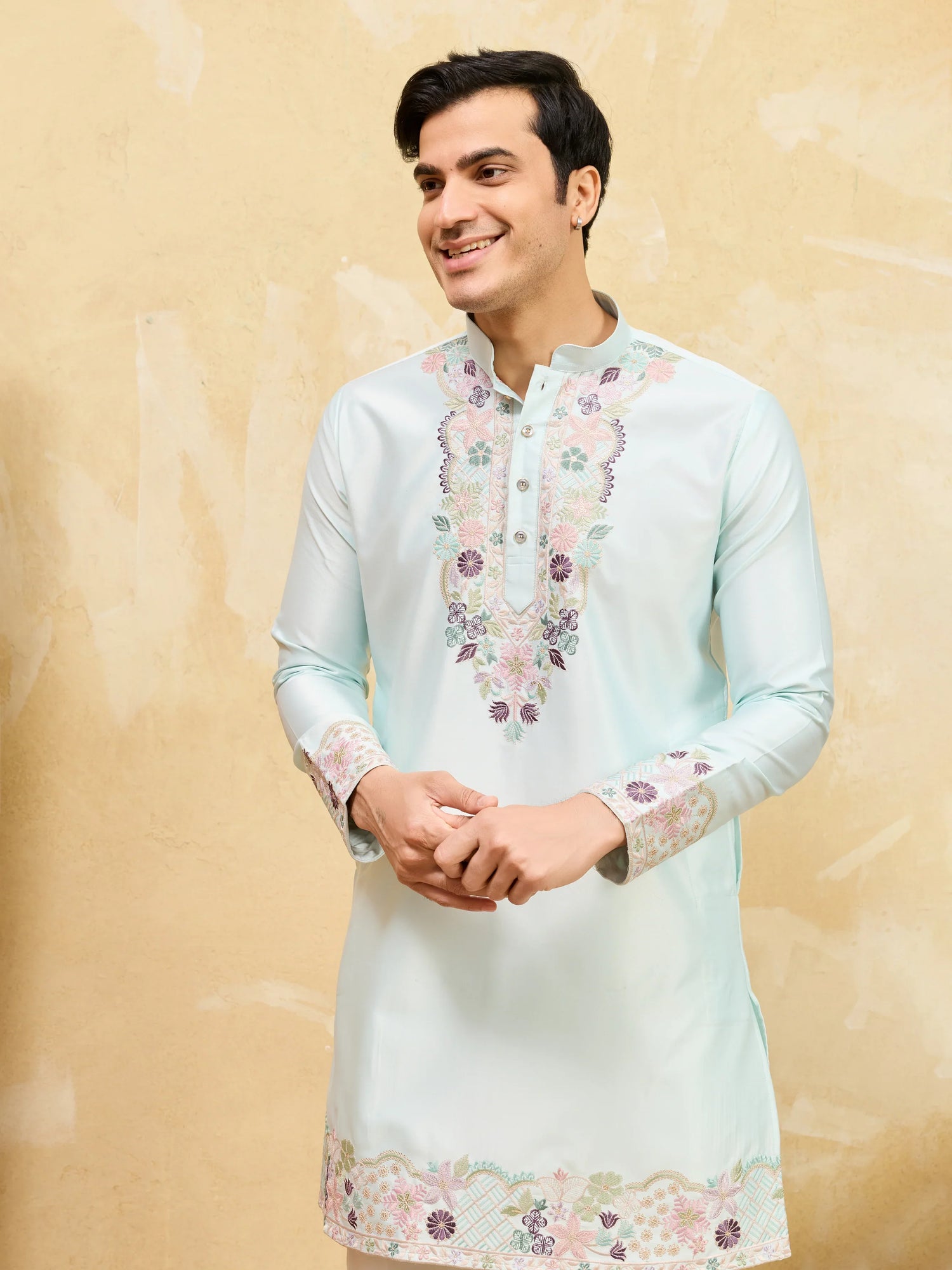 Elegant Elegant Sky Viscose Silk Thread Work Kurta Set For Special Occasion