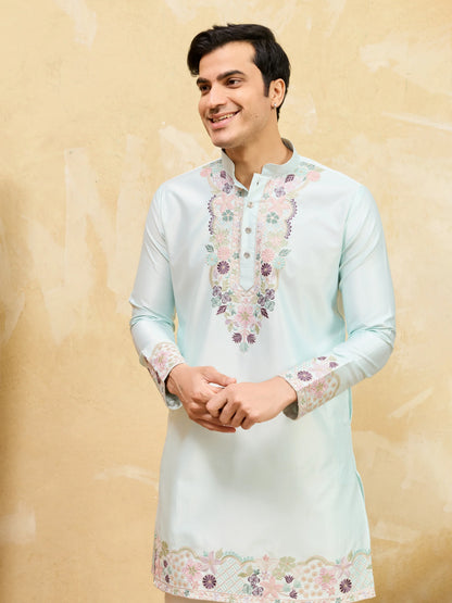 Elegant Elegant Sky Viscose Silk Thread Work Kurta Set For Special Occasion