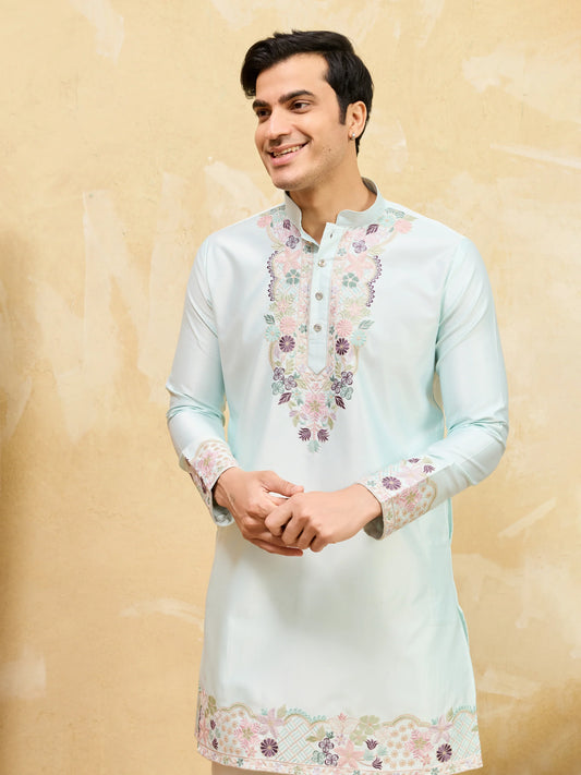 Elegant Elegant Sky Viscose Silk Thread Work Kurta Set For Special Occasion