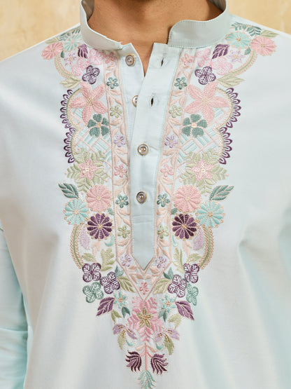 Elegant Elegant Sky Viscose Silk Thread Work Kurta Set For Special Occasion