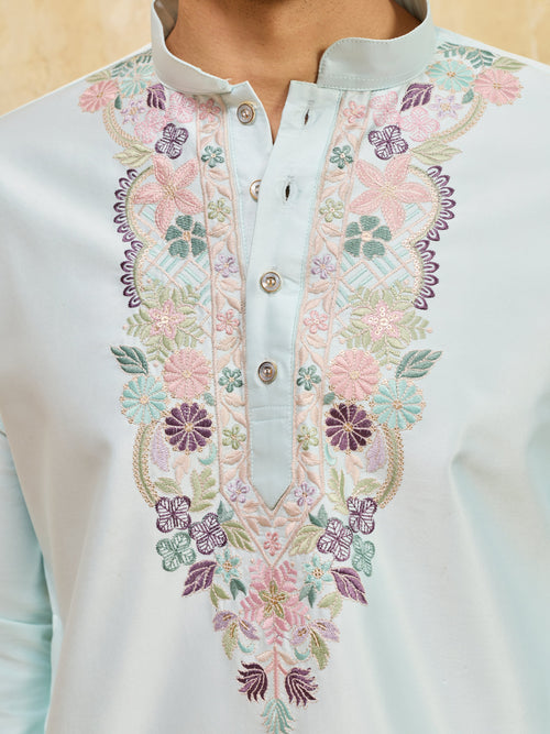 Elegant Elegant Sky Viscose Silk Thread Work Kurta Set For Special Occasion