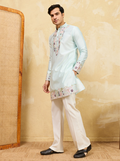 Elegant Elegant Sky Viscose Silk Thread Work Kurta Set For Special Occasion