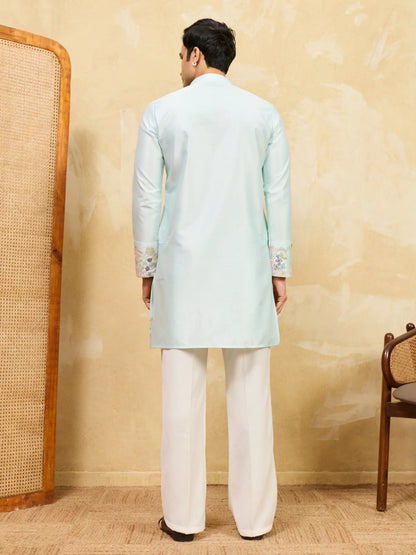 Elegant Elegant Sky Viscose Silk Thread Work Kurta Set For Special Occasion