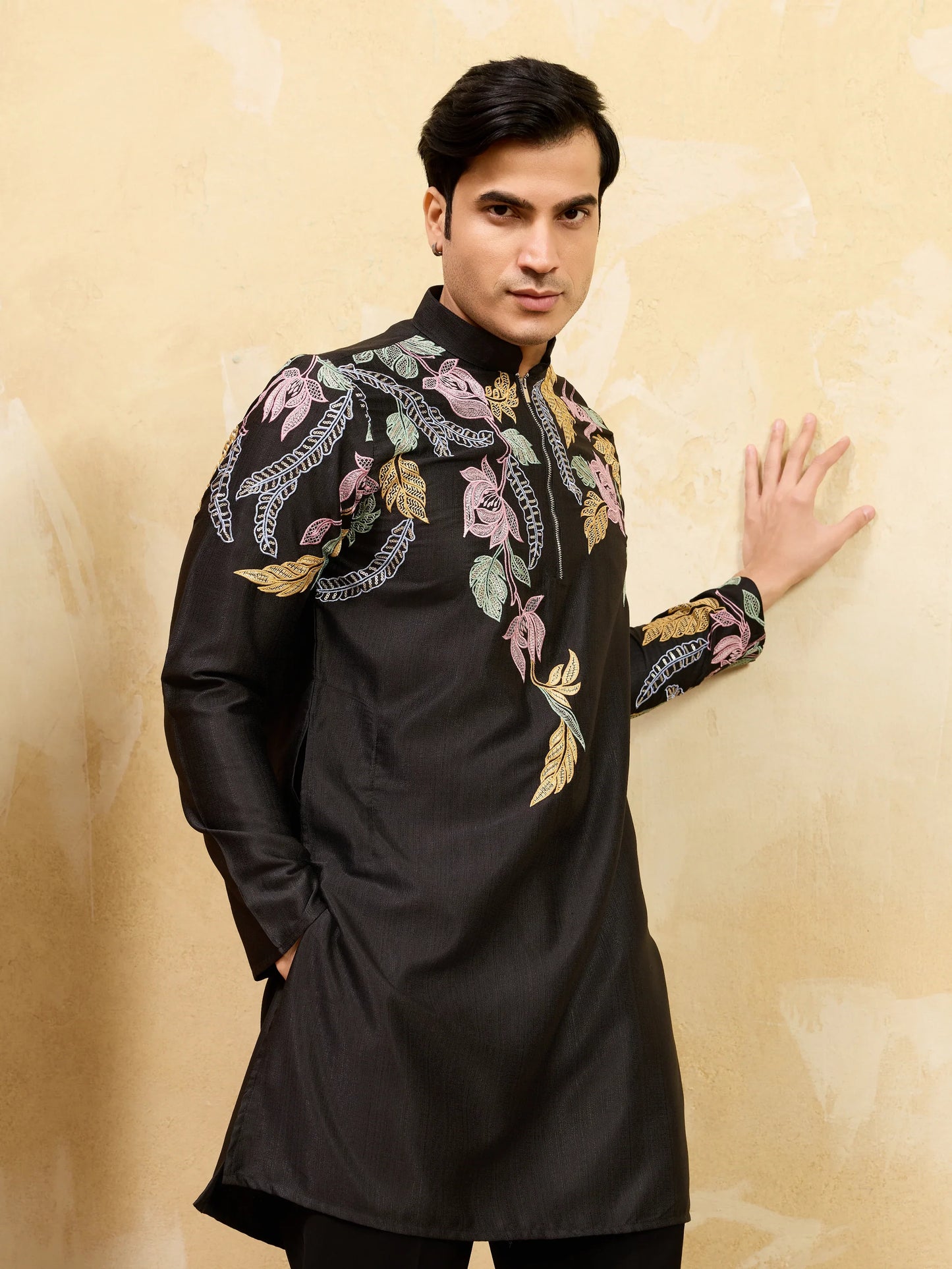 Elegant Premium Black Floral Embroidered Men’s Kurta Set For Wedding