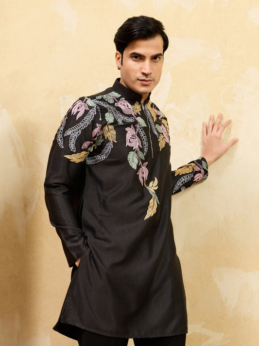 Elegant Premium Black Floral Embroidered Men’s Kurta Set For Wedding