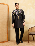Elegant Premium Black Floral Embroidered Men’s Kurta Set For Wedding