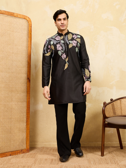 Elegant Premium Black Floral Embroidered Men’s Kurta Set For Wedding