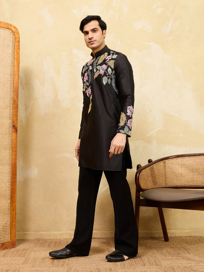Elegant Premium Black Floral Embroidered Men’s Kurta Set For Wedding