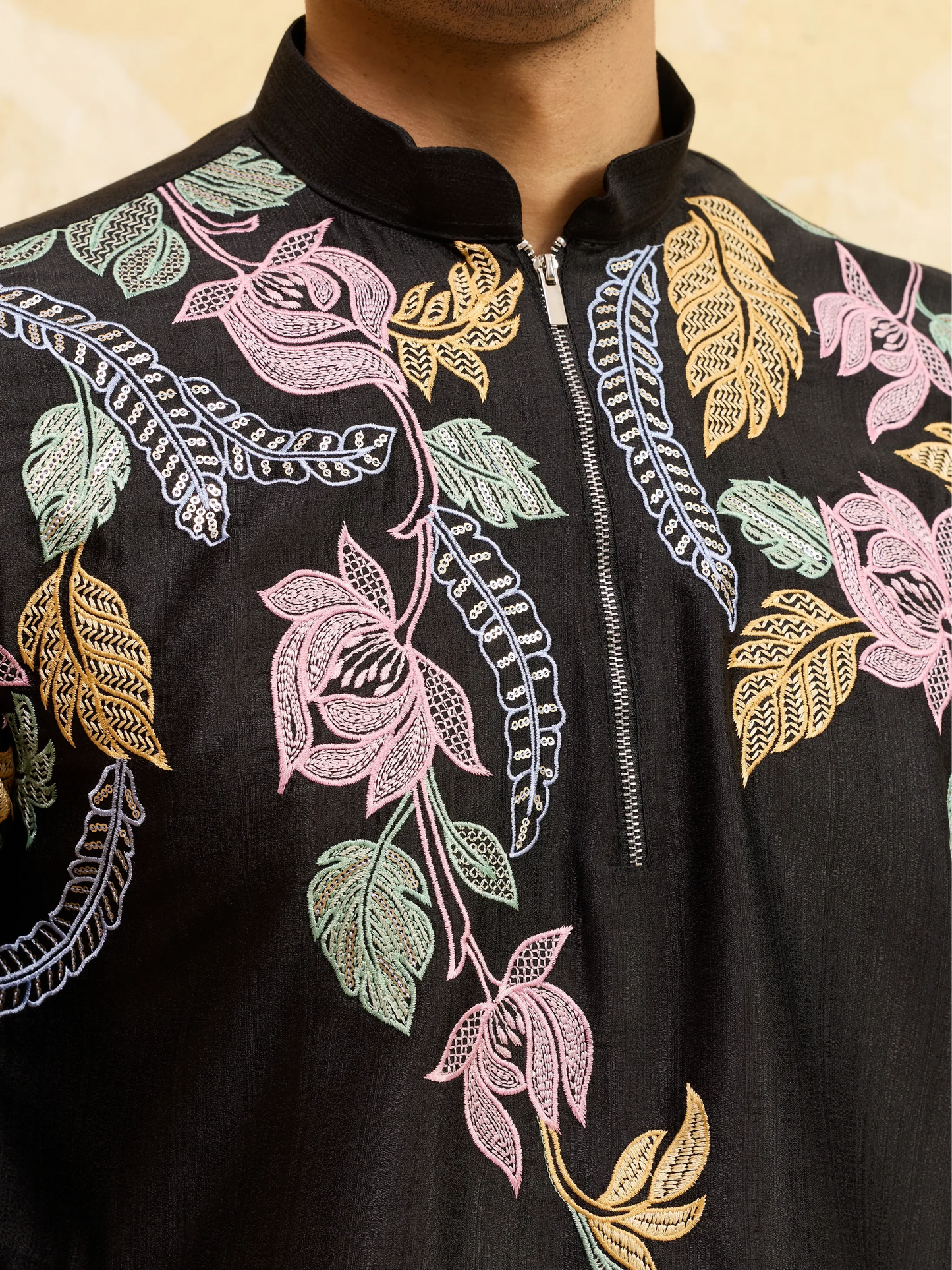Elegant Premium Black Floral Embroidered Men’s Kurta Set For Wedding