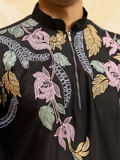 Elegant Premium Black Floral Embroidered Men’s Kurta Set For Wedding