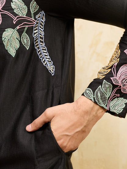 Elegant Premium Black Floral Embroidered Men’s Kurta Set For Wedding