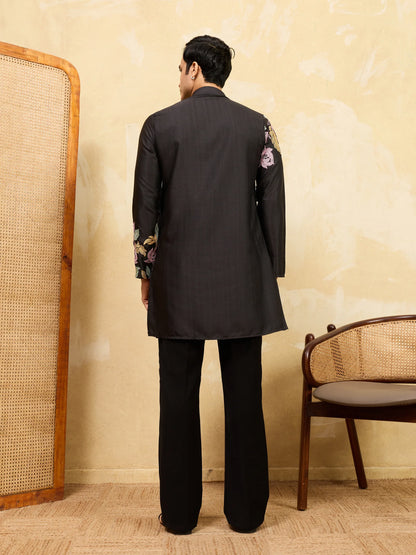 Elegant Premium Black Floral Embroidered Men’s Kurta Set For Wedding