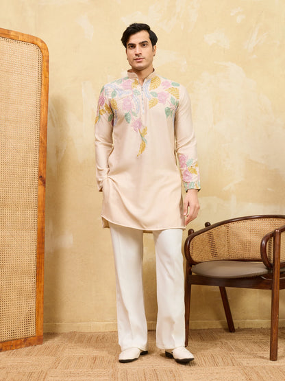 Elegant Classic Beige Floral Embroidered Kurta Set For Festive Occasions