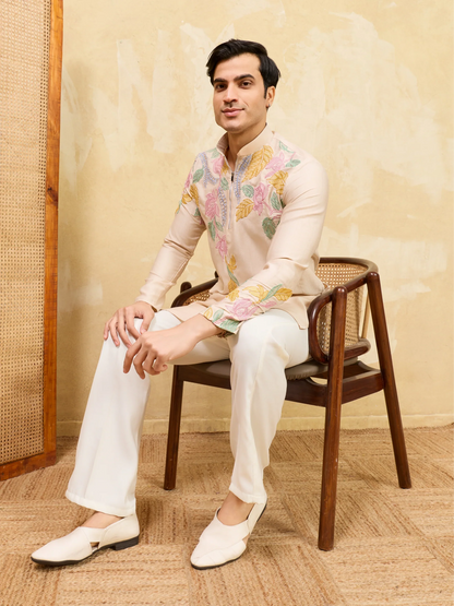 Elegant Classic Beige Floral Embroidered Kurta Set For Festive Occasions