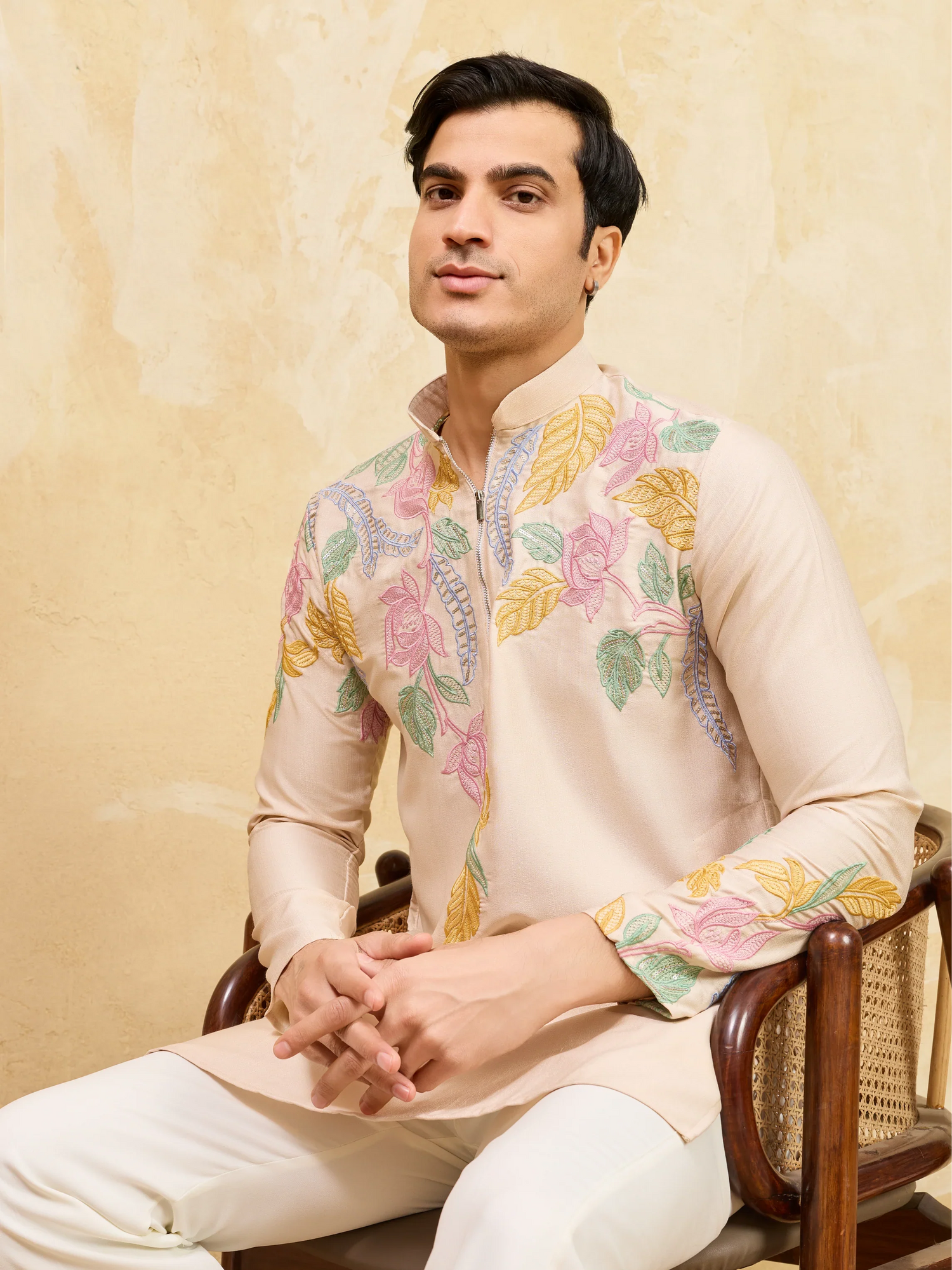 Elegant Classic Beige Floral Embroidered Kurta Set For Festive Occasions