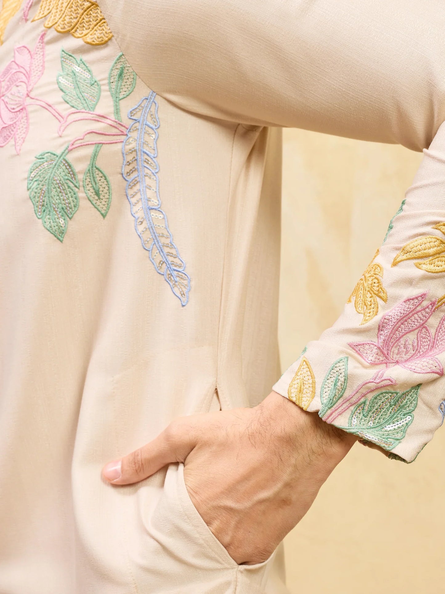 Elegant Classic Beige Floral Embroidered Kurta Set For Festive Occasions