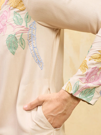 Elegant Classic Beige Floral Embroidered Kurta Set For Festive Occasions