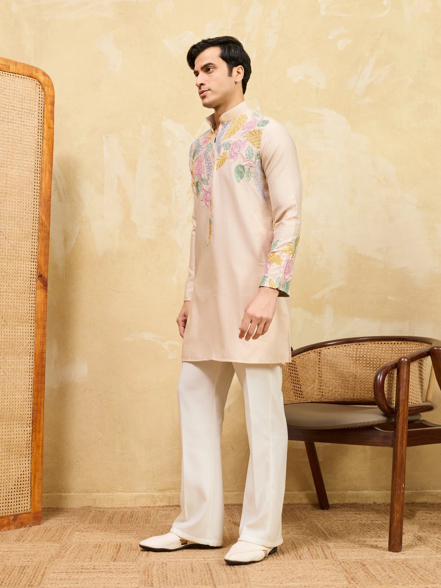 Elegant Classic Beige Floral Embroidered Kurta Set For Festive Occasions