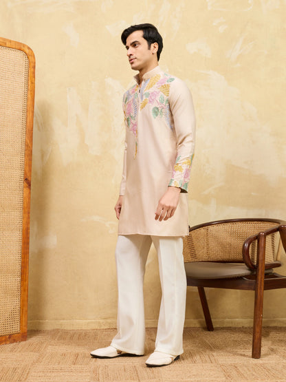 Elegant Classic Beige Floral Embroidered Kurta Set For Festive Occasions