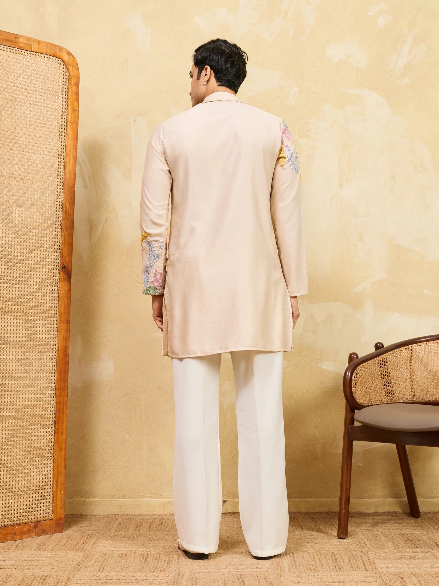 Elegant Classic Beige Floral Embroidered Kurta Set For Festive Occasions