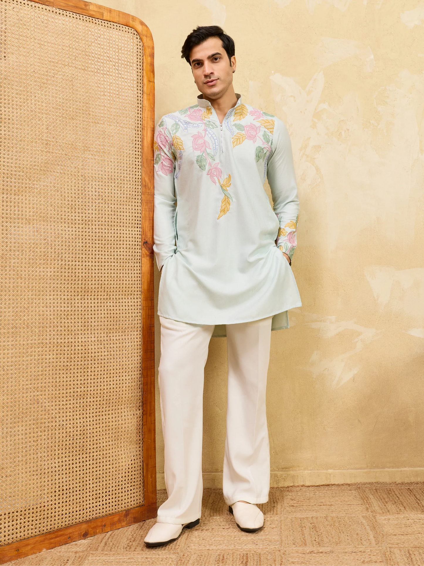 Elegant Modern Sky Floral Embroidered Kurta Set for Celebrations