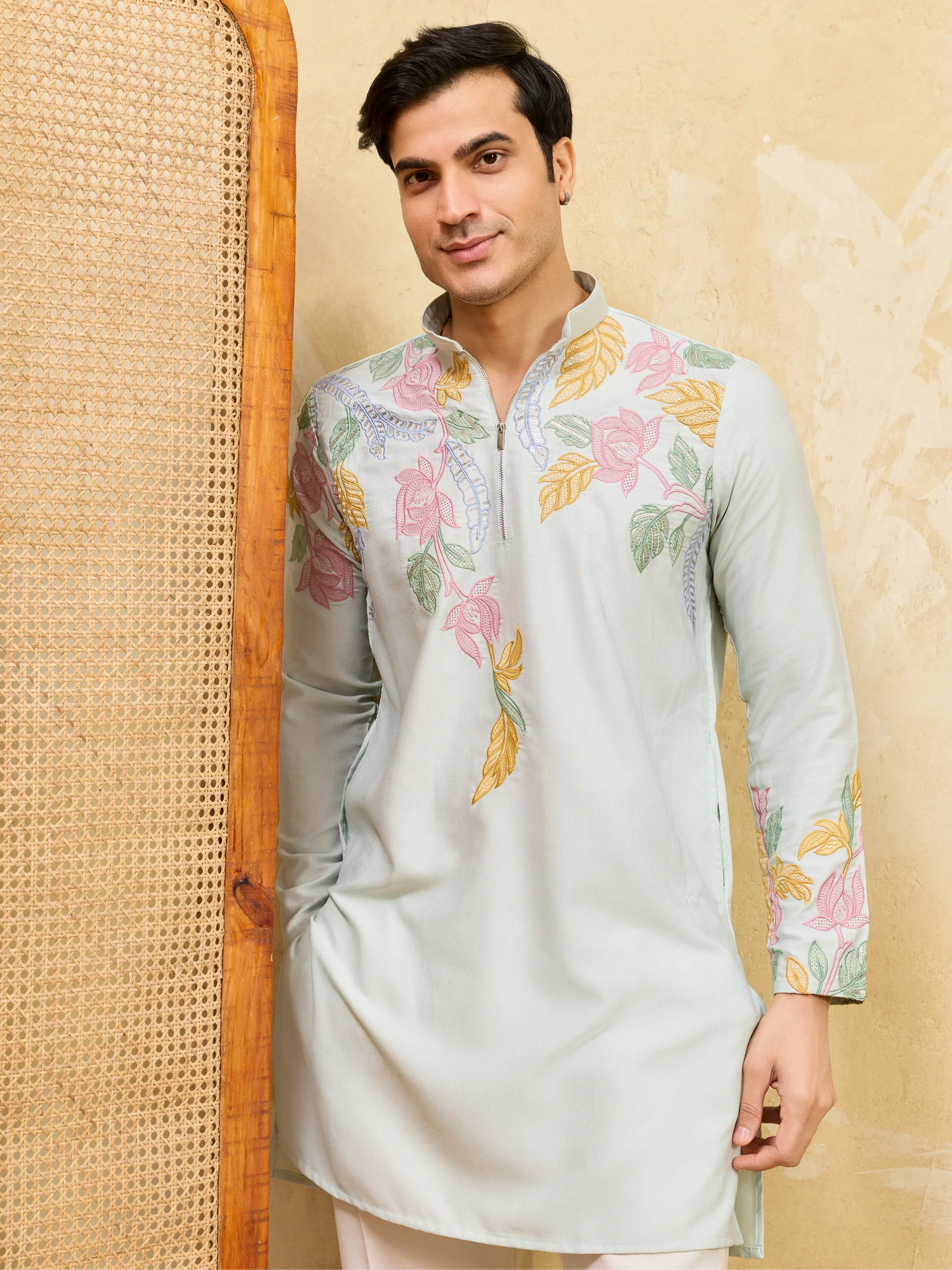 Elegant Modern Sky Floral Embroidered Kurta Set for Celebrations