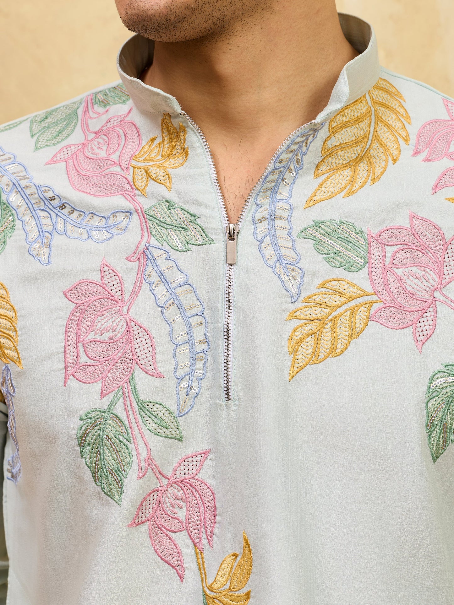 Elegant Modern Sky Floral Embroidered Kurta Set for Celebrations