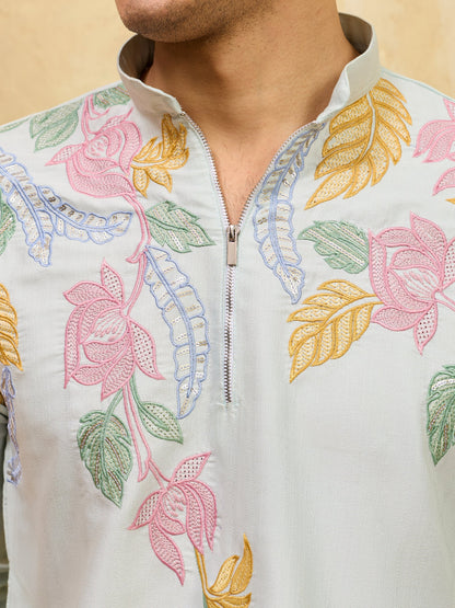 Elegant Modern Sky Floral Embroidered Kurta Set for Celebrations