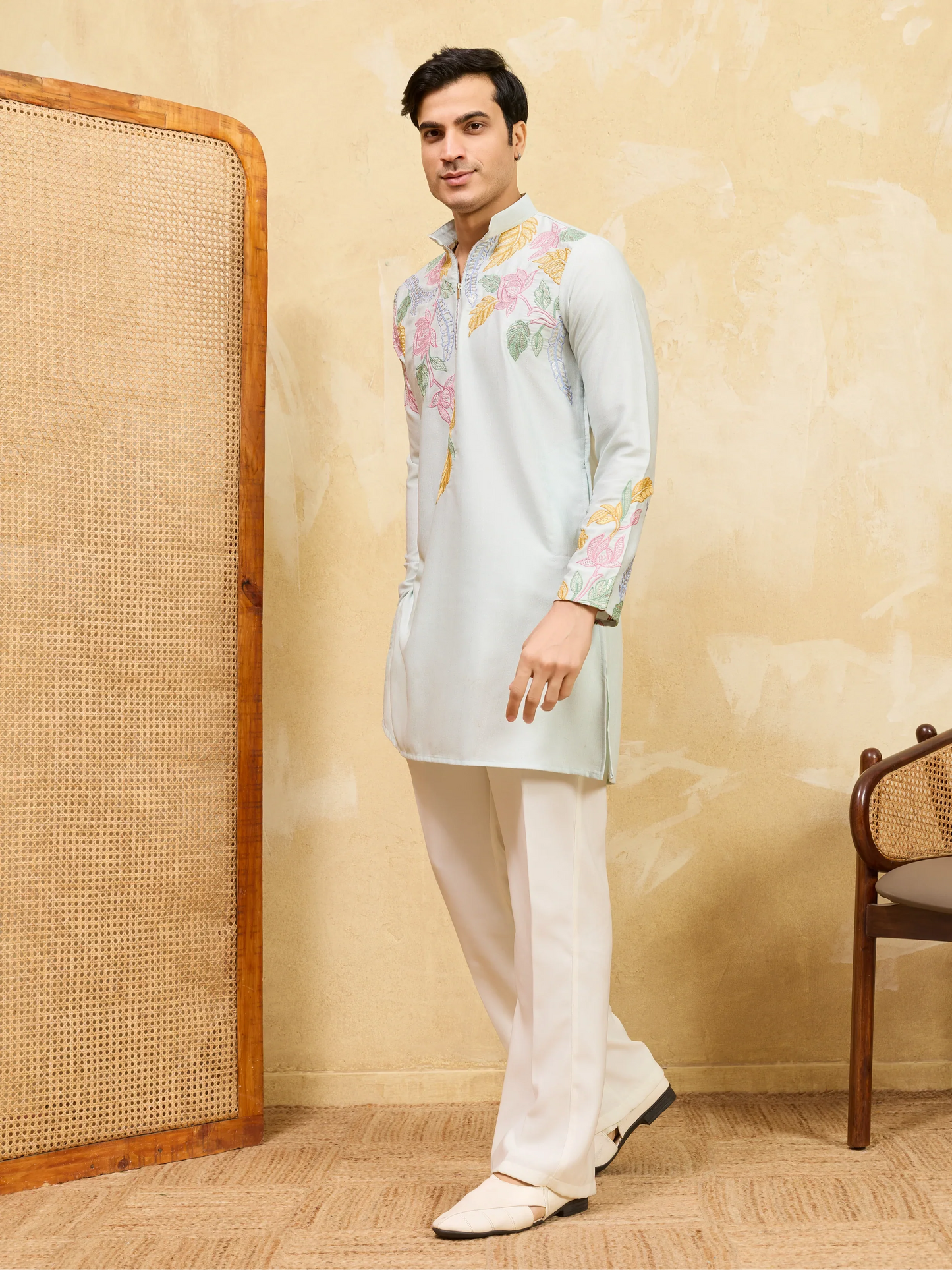 Elegant Modern Sky Floral Embroidered Kurta Set for Celebrations